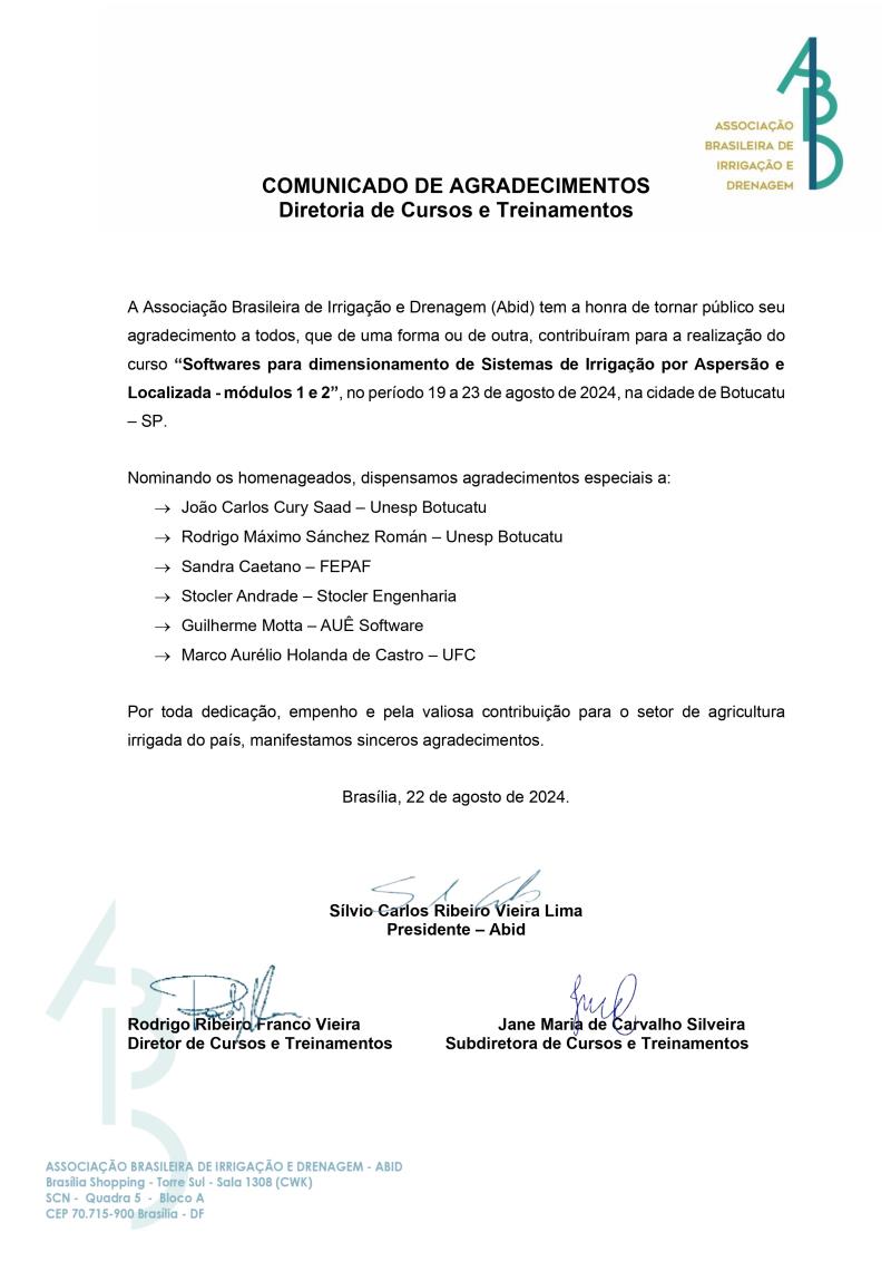  Comunicado de agradecimiento a los participantes del curso